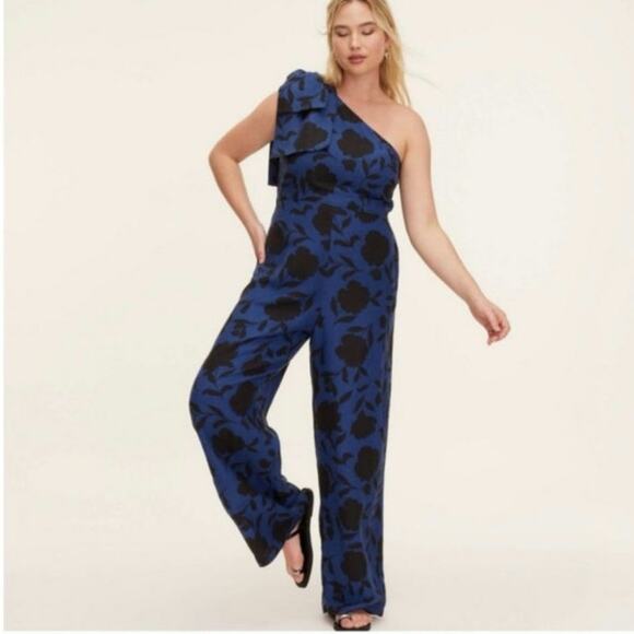 Kate Spade x Target Linen Blend One Shoulder Floral Jumpsuit Blue Black 10 - Picture 1 of 16